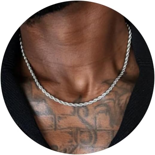 RANKEEF Collier de corde 2/3/4mm pour homme - Collier argenté18/20/22 Inches Chain for Waterproof Sturdy & Shiny Twist Rope Necklace Gifts for Men & Women Husband Boyfriend