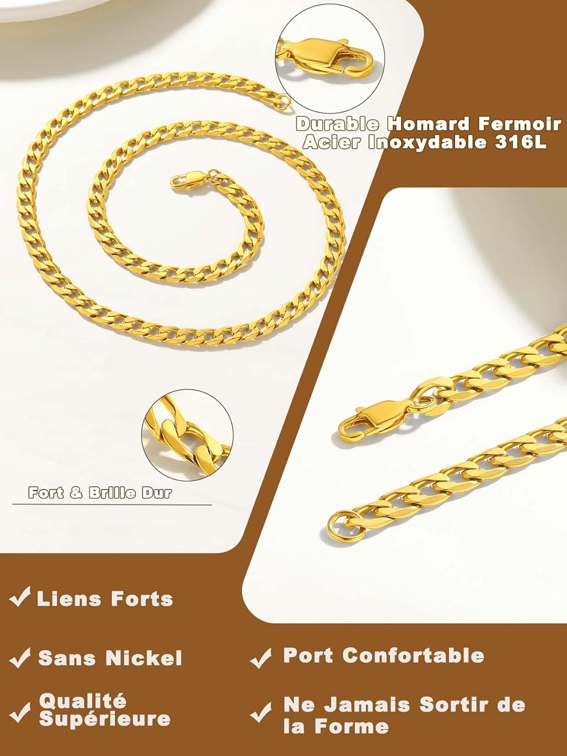 Suplight Chaîne Homme Acier Inoxydable Maille Cuabine-Largeur 4/6/9mm- Chaine Gourmette pour homme Taille 46/51/56/61/66/71/76cm