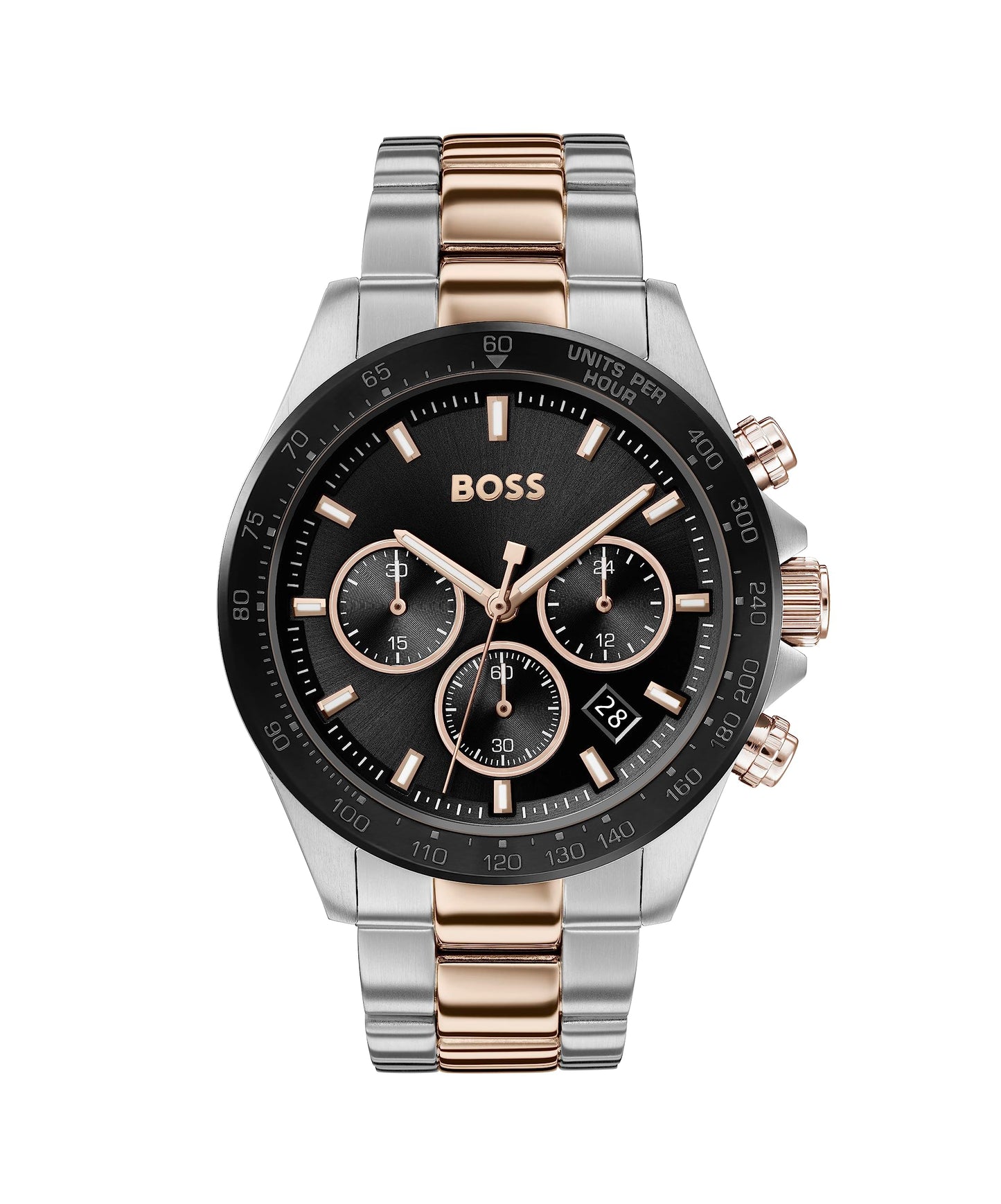 BOSS Montre Chronographe à Quartz pour Homme 43 mm Collection Hero avec Bracelet en Acier Inoxydable Maillons ou Maille, Fonction Date, 3 sous-Cadrans, Résistance à l'eau 5ATM