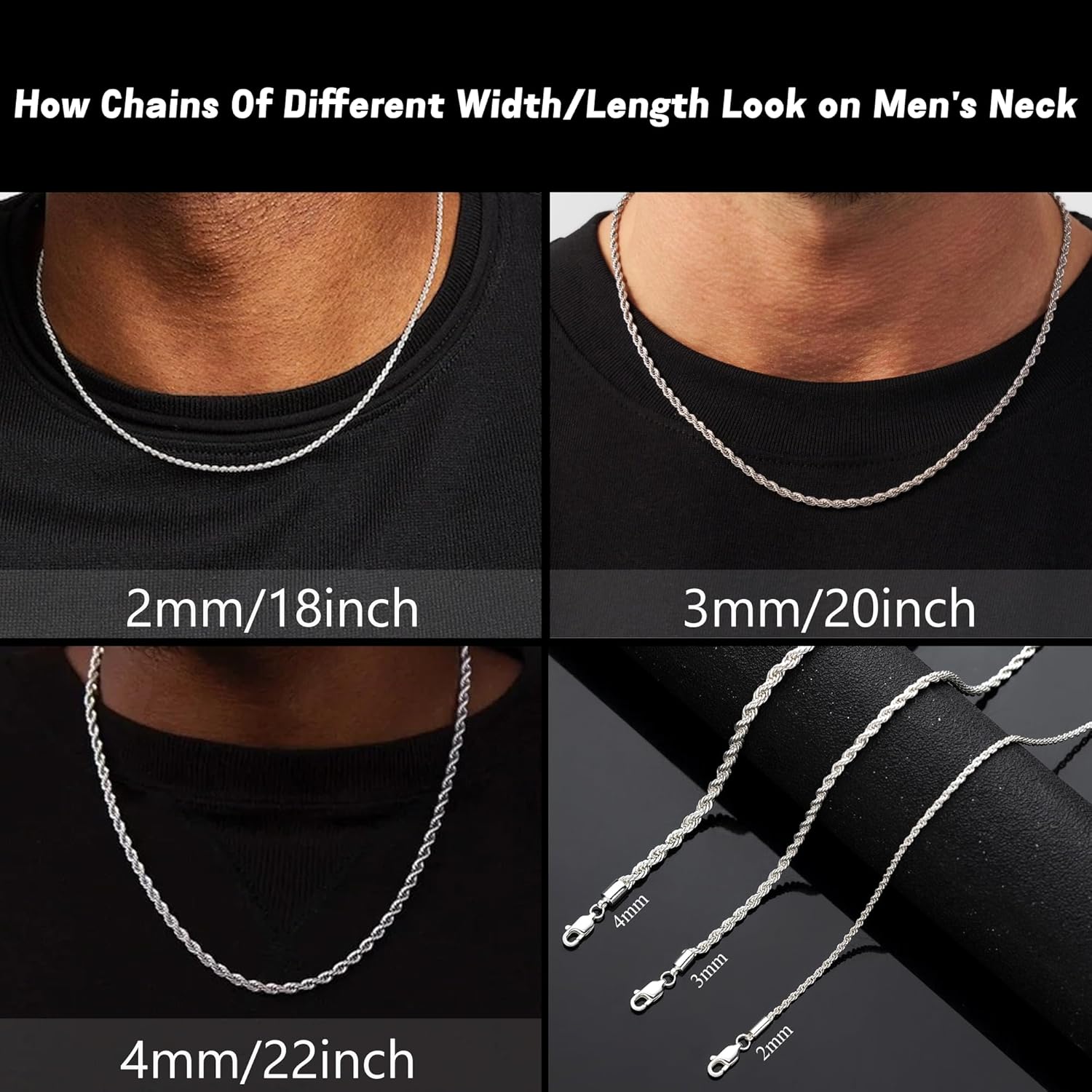 RANKEEF Collier de corde 2/3/4mm pour homme - Collier argenté18/20/22 Inches Chain for Waterproof Sturdy & Shiny Twist Rope Necklace Gifts for Men & Women Husband Boyfriend