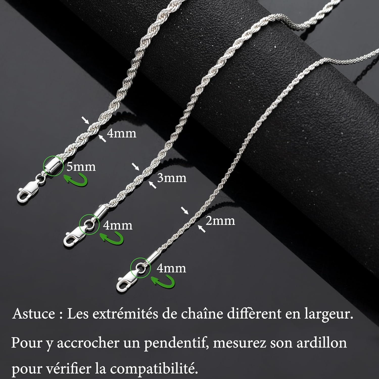 RANKEEF Collier de corde 2/3/4mm pour homme - Collier argenté18/20/22 Inches Chain for Waterproof Sturdy & Shiny Twist Rope Necklace Gifts for Men & Women Husband Boyfriend