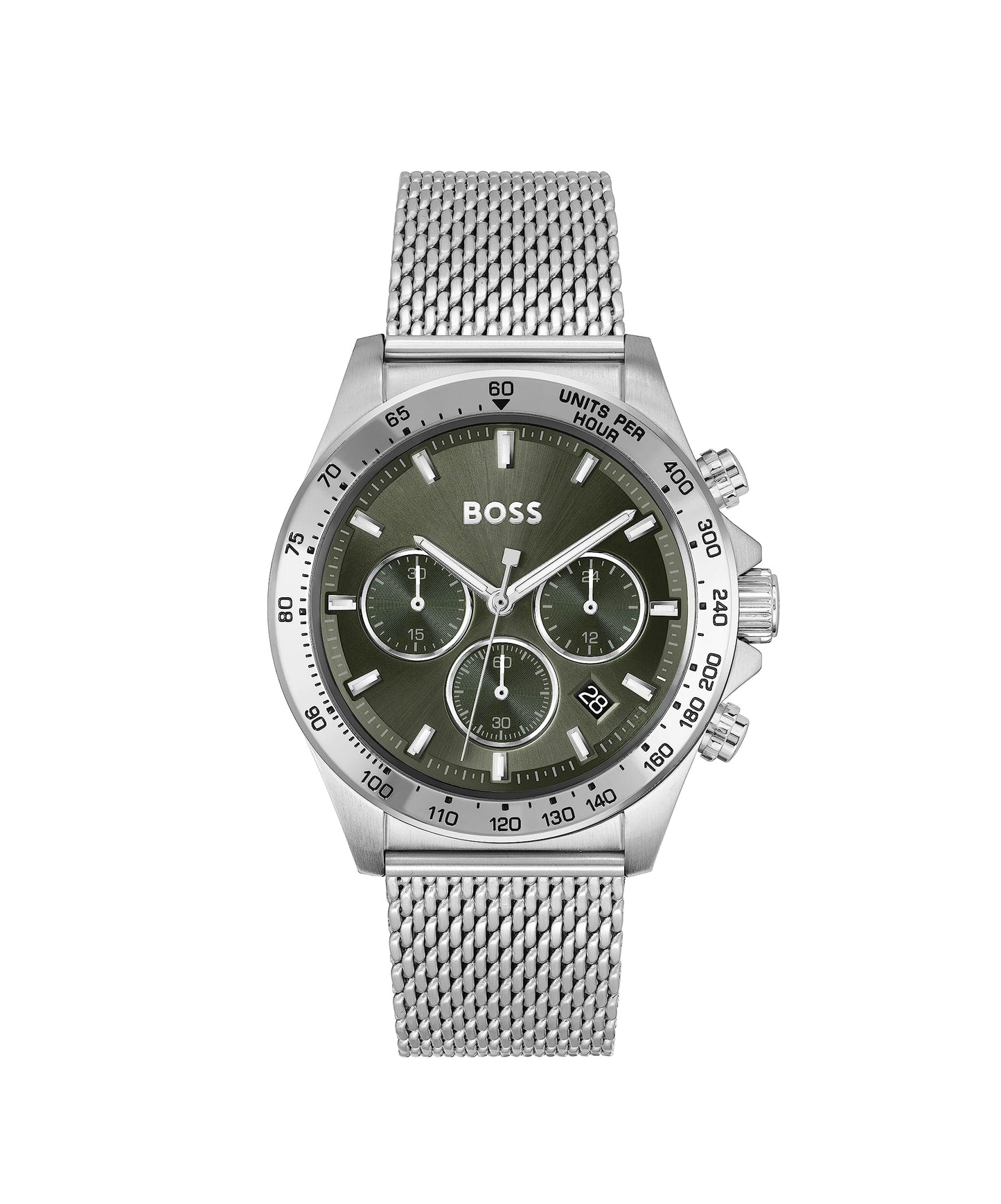 BOSS Montre Chronographe à Quartz pour Homme 43 mm Collection Hero avec Bracelet en Acier Inoxydable Maillons ou Maille, Fonction Date, 3 sous-Cadrans, Résistance à l'eau 5ATM