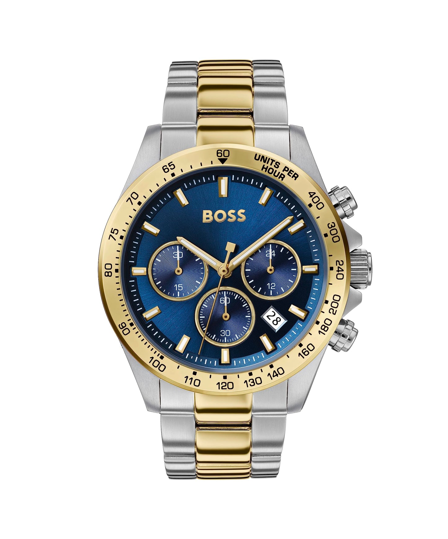 BOSS Montre Chronographe à Quartz pour Homme 43 mm Collection Hero avec Bracelet en Acier Inoxydable Maillons ou Maille, Fonction Date, 3 sous-Cadrans, Résistance à l'eau 5ATM