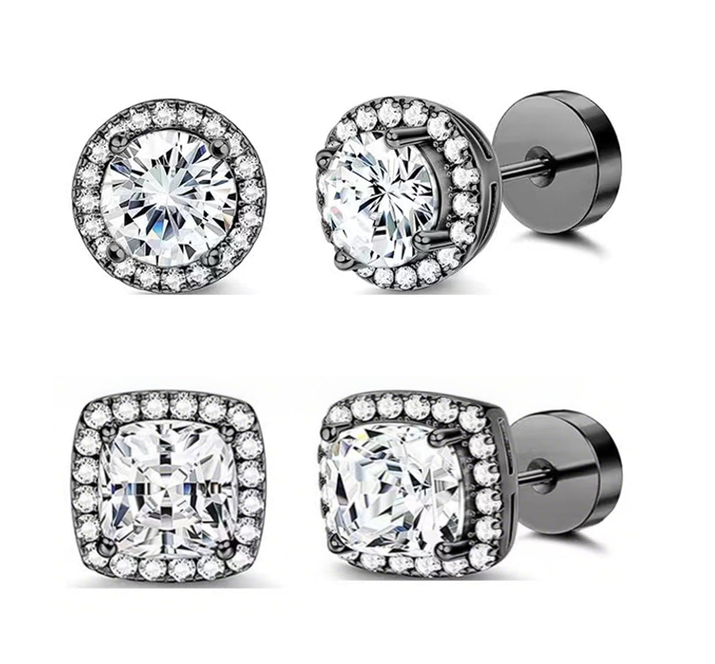 Habselikob 2 Paires Boucles d'Oreilles Homme Femme Zircone Cubique Clous d'Oreilles Set Rondes Carrées Boucles d'Oreilles Argent Or