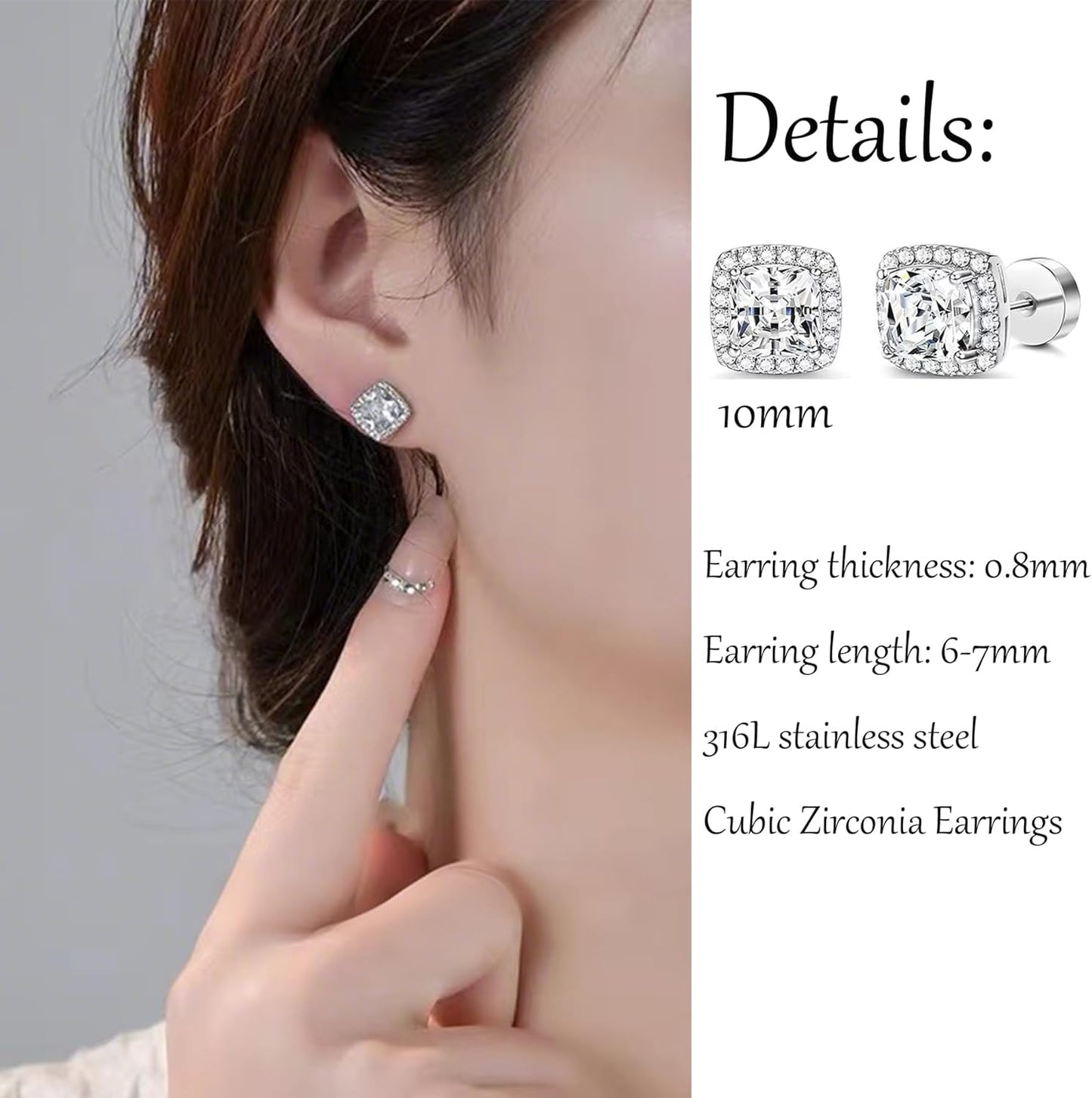 Habselikob 2 Paires Boucles d'Oreilles Homme Femme Zircone Cubique Clous d'Oreilles Set Rondes Carrées Boucles d'Oreilles Argent Or