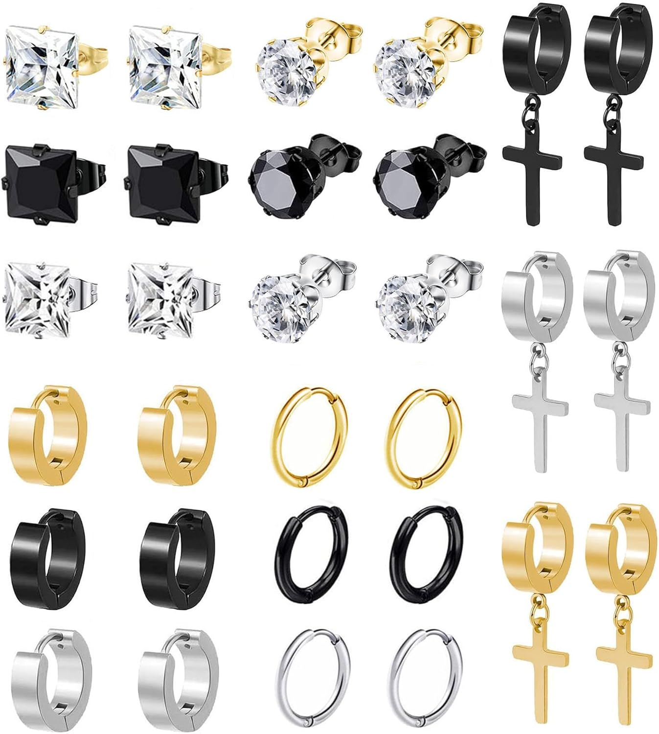 BVLAGIDA 15 Paires Boucle d'Oreille Homme, Boucle d'Oreille Acier Inoxydable, Noir Argent Or Clous d'Oreilles, Boucle d'Oreille Créole, Boucles d'Oreilles Zircon pour Homme Femme