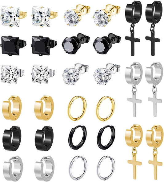 BVLAGIDA 15 Paires Boucle d'Oreille Homme, Boucle d'Oreille Acier Inoxydable, Noir Argent Or Clous d'Oreilles, Boucle d'Oreille Créole, Boucles d'Oreilles Zircon pour Homme Femme