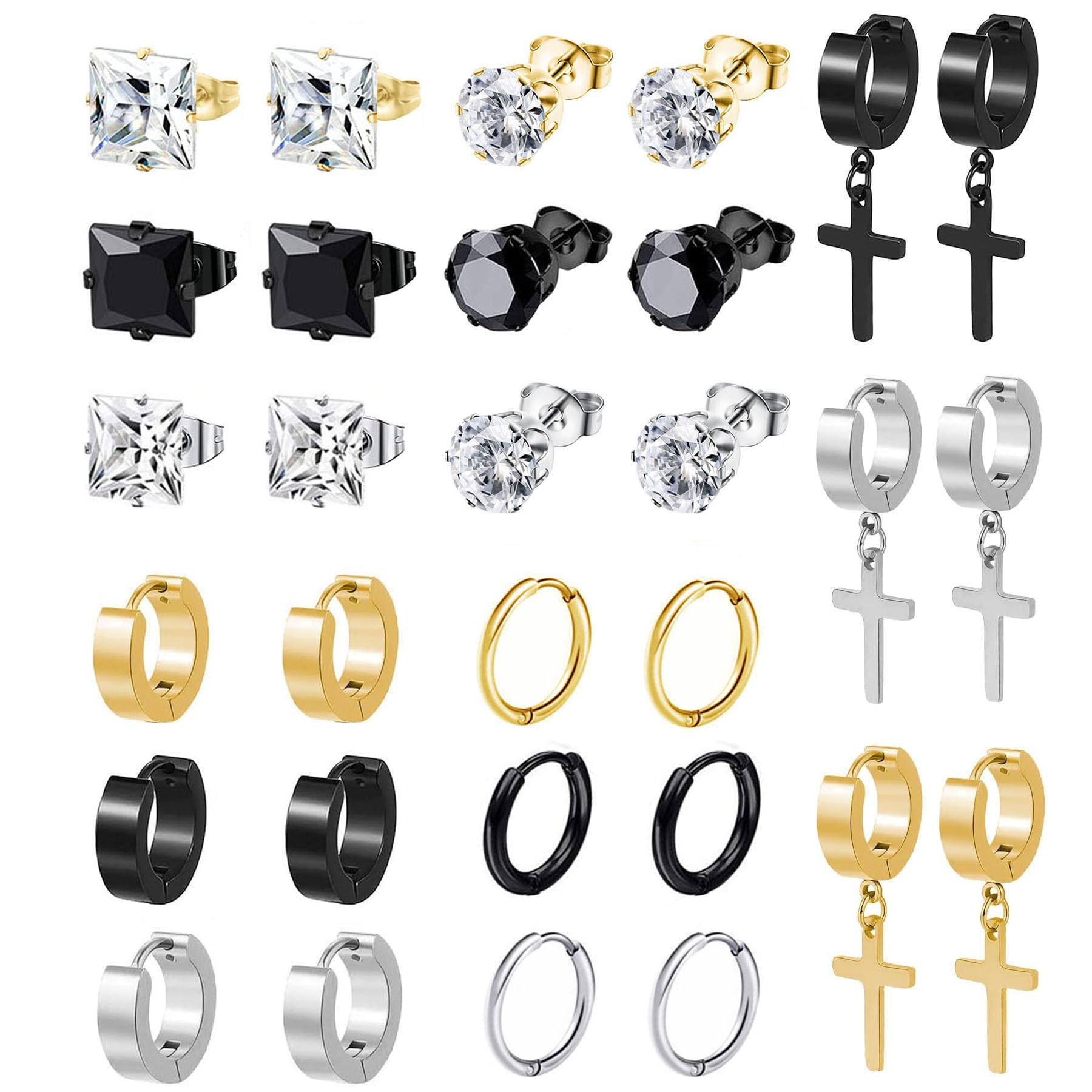 BVLAGIDA 15 Paires Boucle d'Oreille Homme, Boucle d'Oreille Acier Inoxydable, Noir Argent Or Clous d'Oreilles, Boucle d'Oreille Créole, Boucles d'Oreilles Zircon pour Homme Femme