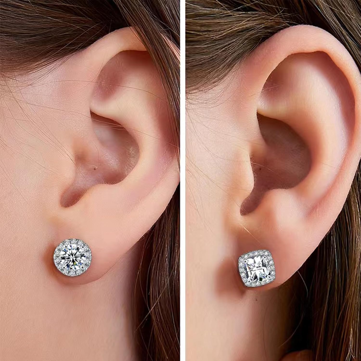 Habselikob 2 Paires Boucles d'Oreilles Homme Femme Zircone Cubique Clous d'Oreilles Set Rondes Carrées Boucles d'Oreilles Argent Or