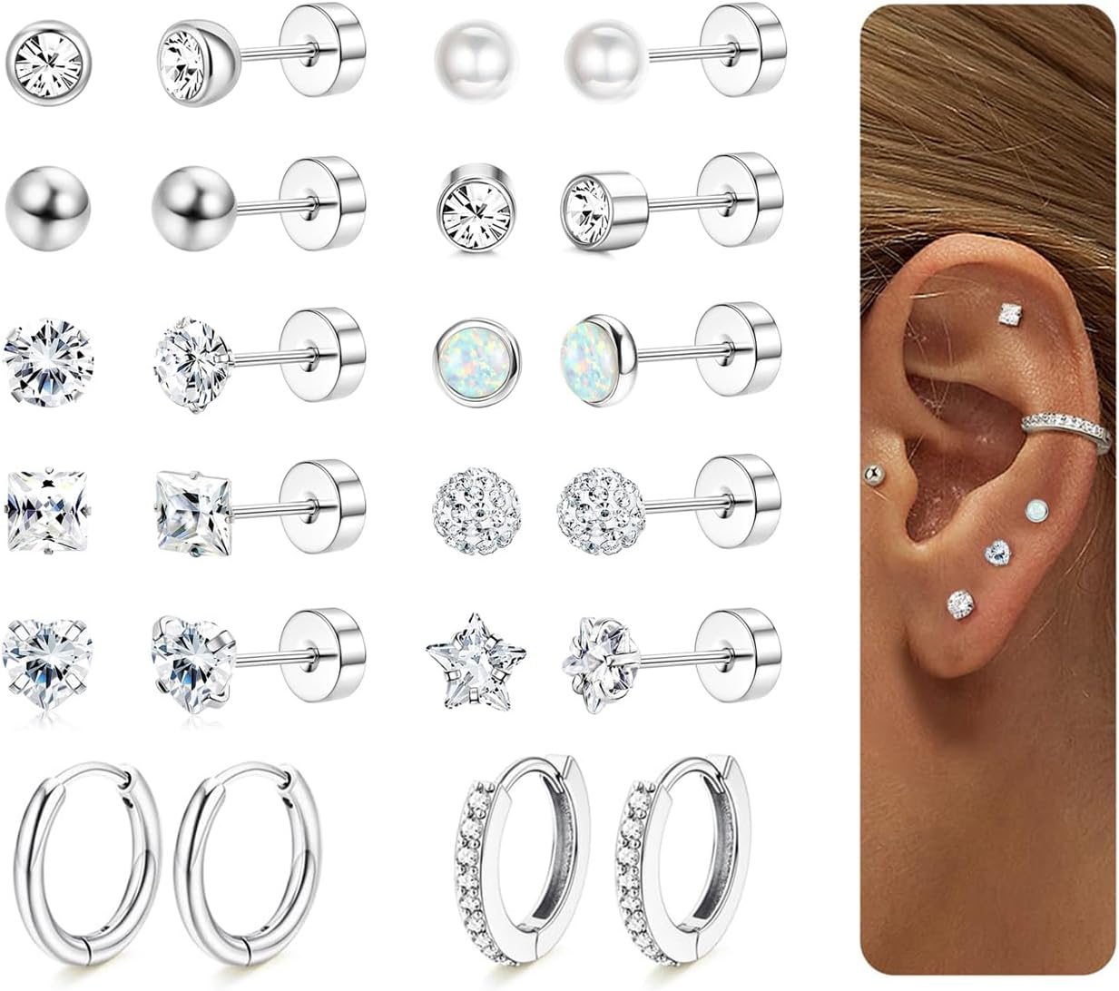 MOGASA 12 Paires Boucles d'Oreilles Femme Acier Inoxydable Ensemble Créoles Clous D'oreilles Hypoallergénique Piercing Oreille Helix Cartilage Boucle d Oreille Acier Inoxydable pour Femme Homme Bijoux