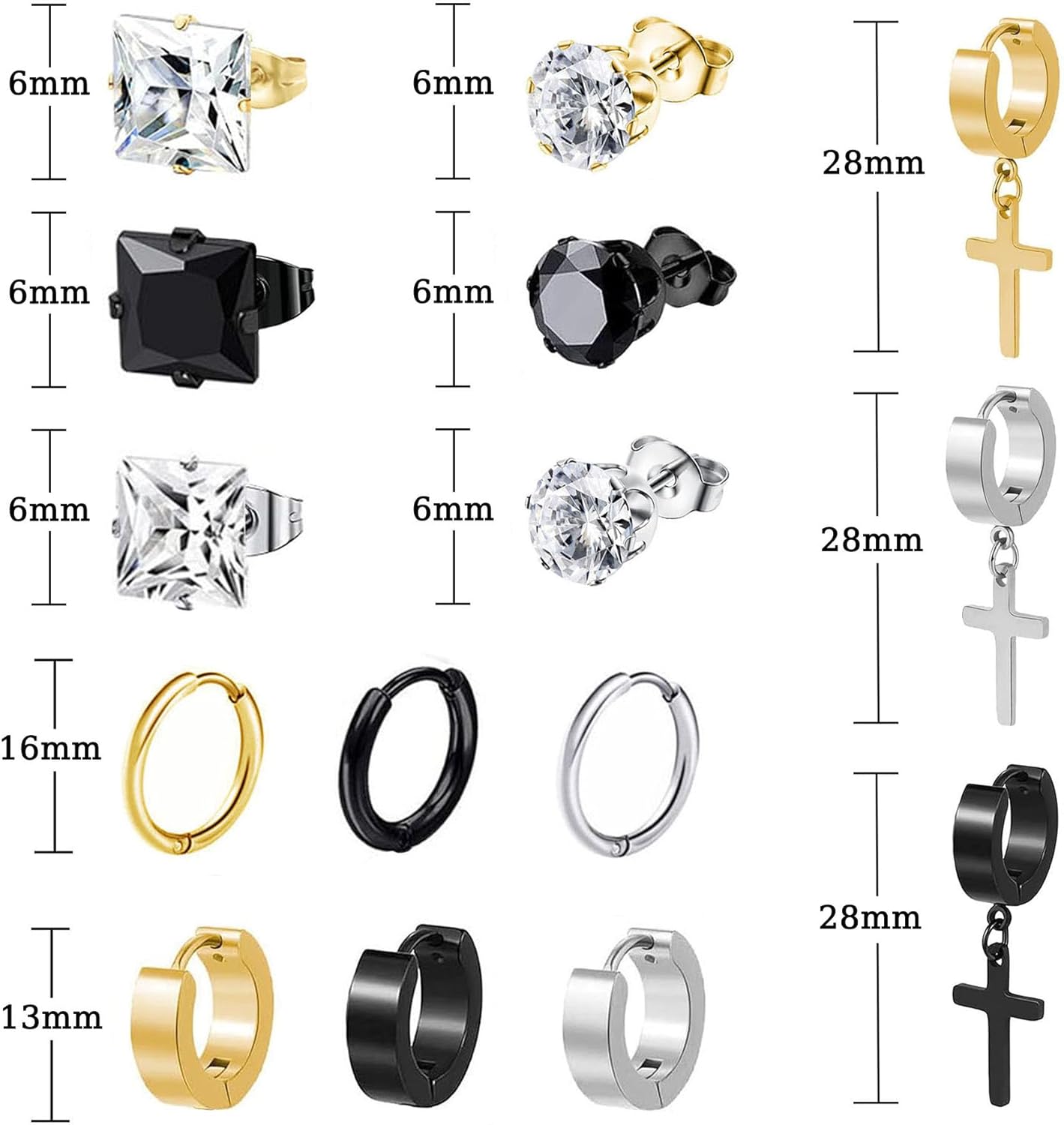 BVLAGIDA 15 Paires Boucle d'Oreille Homme, Boucle d'Oreille Acier Inoxydable, Noir Argent Or Clous d'Oreilles, Boucle d'Oreille Créole, Boucles d'Oreilles Zircon pour Homme Femme