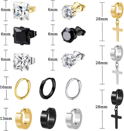BVLAGIDA 15 Paires Boucle d'Oreille Homme, Boucle d'Oreille Acier Inoxydable, Noir Argent Or Clous d'Oreilles, Boucle d'Oreille Créole, Boucles d'Oreilles Zircon pour Homme Femme