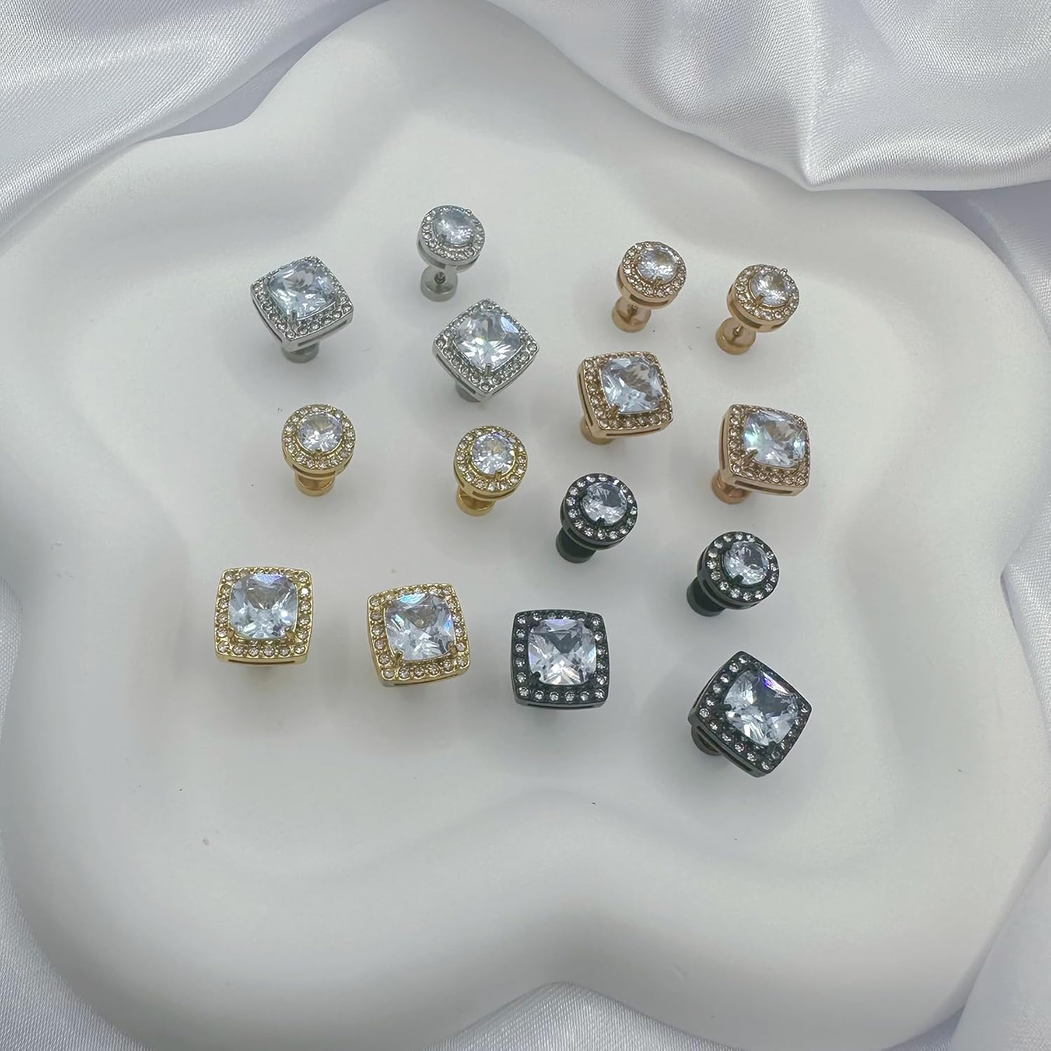 Habselikob 2 Paires Boucles d'Oreilles Homme Femme Zircone Cubique Clous d'Oreilles Set Rondes Carrées Boucles d'Oreilles Argent Or