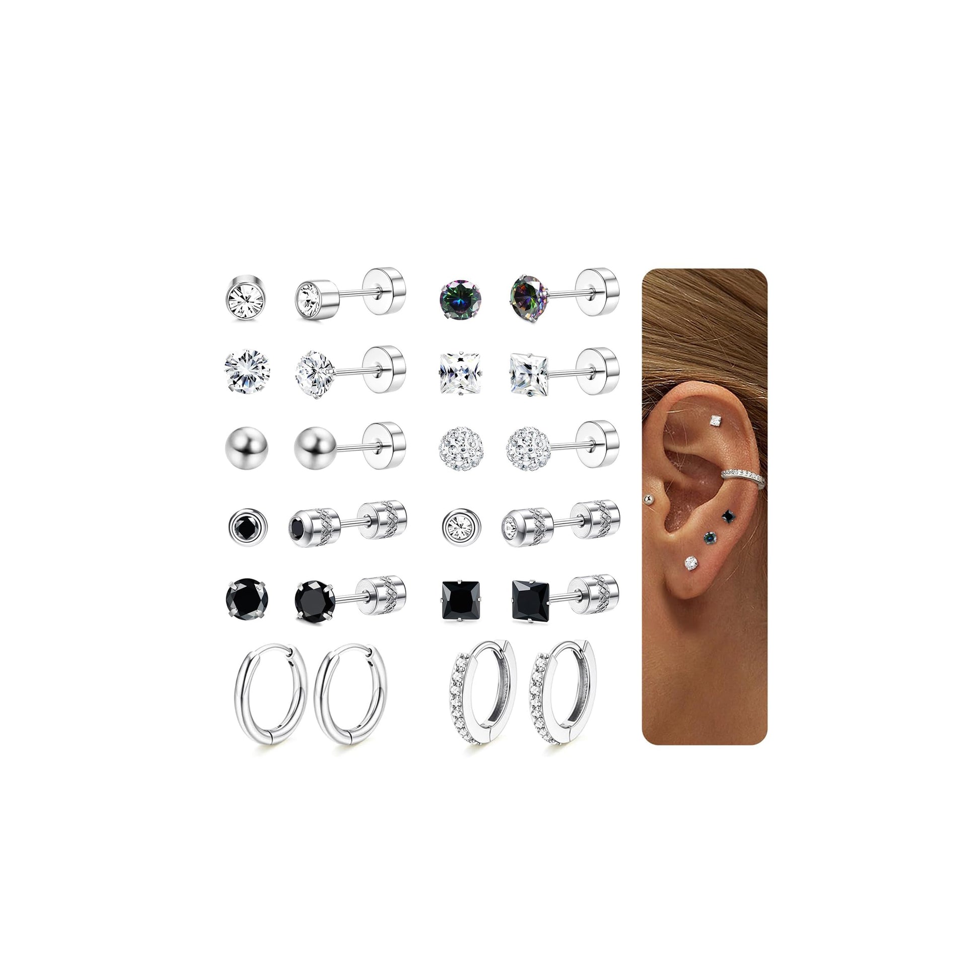 MOGASA 12 Paires Boucles d'Oreilles Femme Acier Inoxydable Ensemble Créoles Clous D'oreilles Hypoallergénique Piercing Oreille Helix Cartilage Boucle d Oreille Acier Inoxydable pour Femme Homme Bijoux