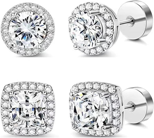 Habselikob 2 Paires Boucles d'Oreilles Homme Femme Zircone Cubique Clous d'Oreilles Set Rondes Carrées Boucles d'Oreilles Argent Or