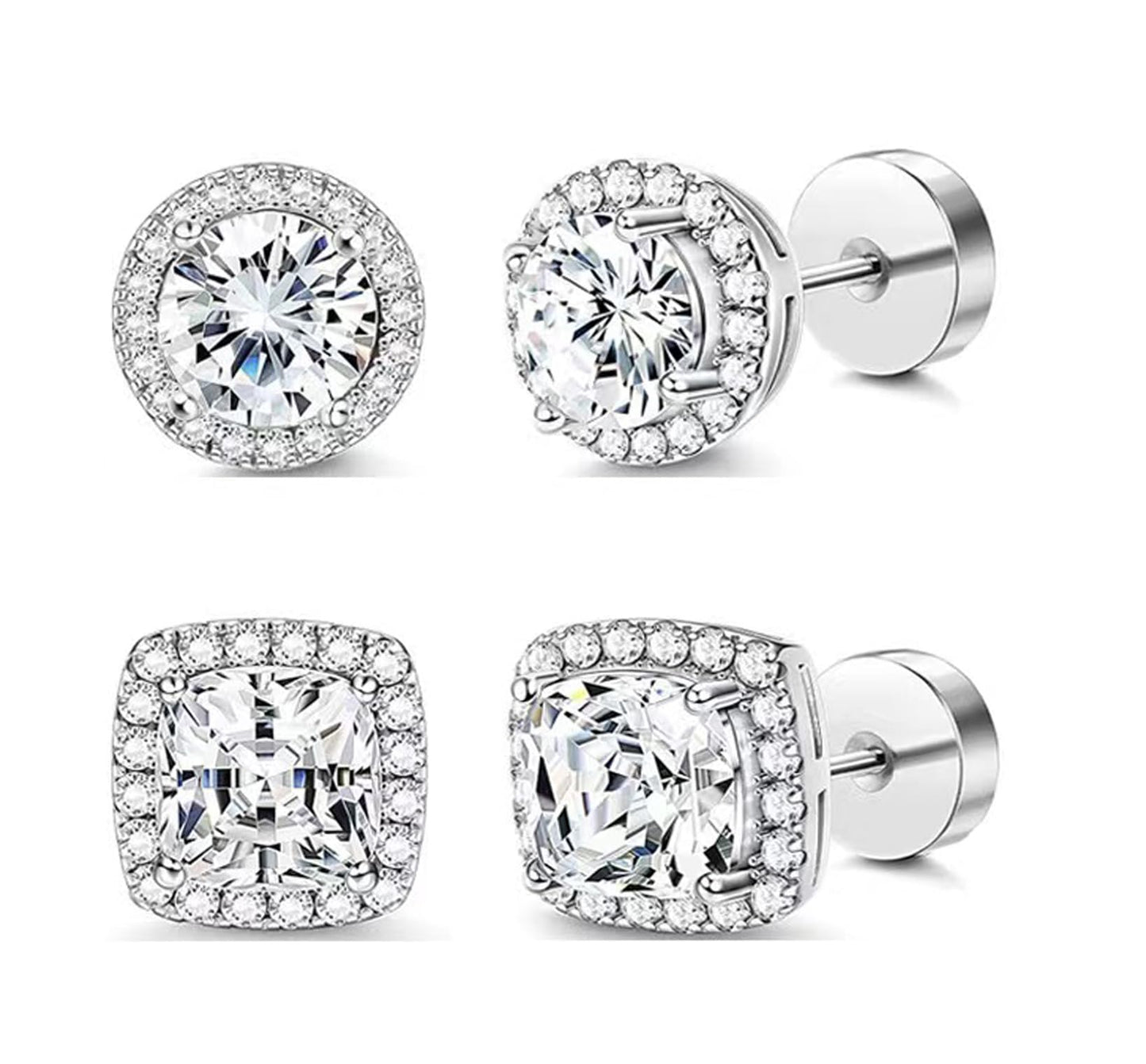 Habselikob 2 Paires Boucles d'Oreilles Homme Femme Zircone Cubique Clous d'Oreilles Set Rondes Carrées Boucles d'Oreilles Argent Or