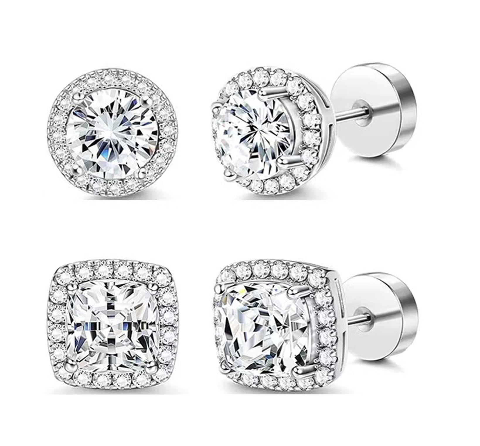 Habselikob 2 Paires Boucles d'Oreilles Homme Femme Zircone Cubique Clous d'Oreilles Set Rondes Carrées Boucles d'Oreilles Argent Or