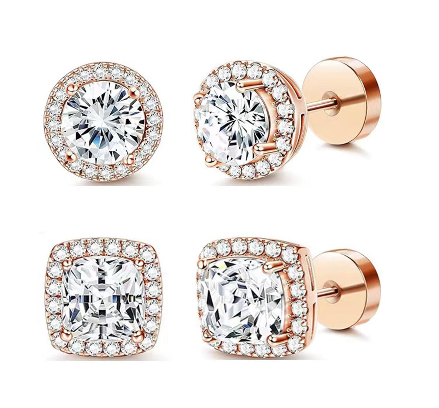 Habselikob 2 Paires Boucles d'Oreilles Homme Femme Zircone Cubique Clous d'Oreilles Set Rondes Carrées Boucles d'Oreilles Argent Or