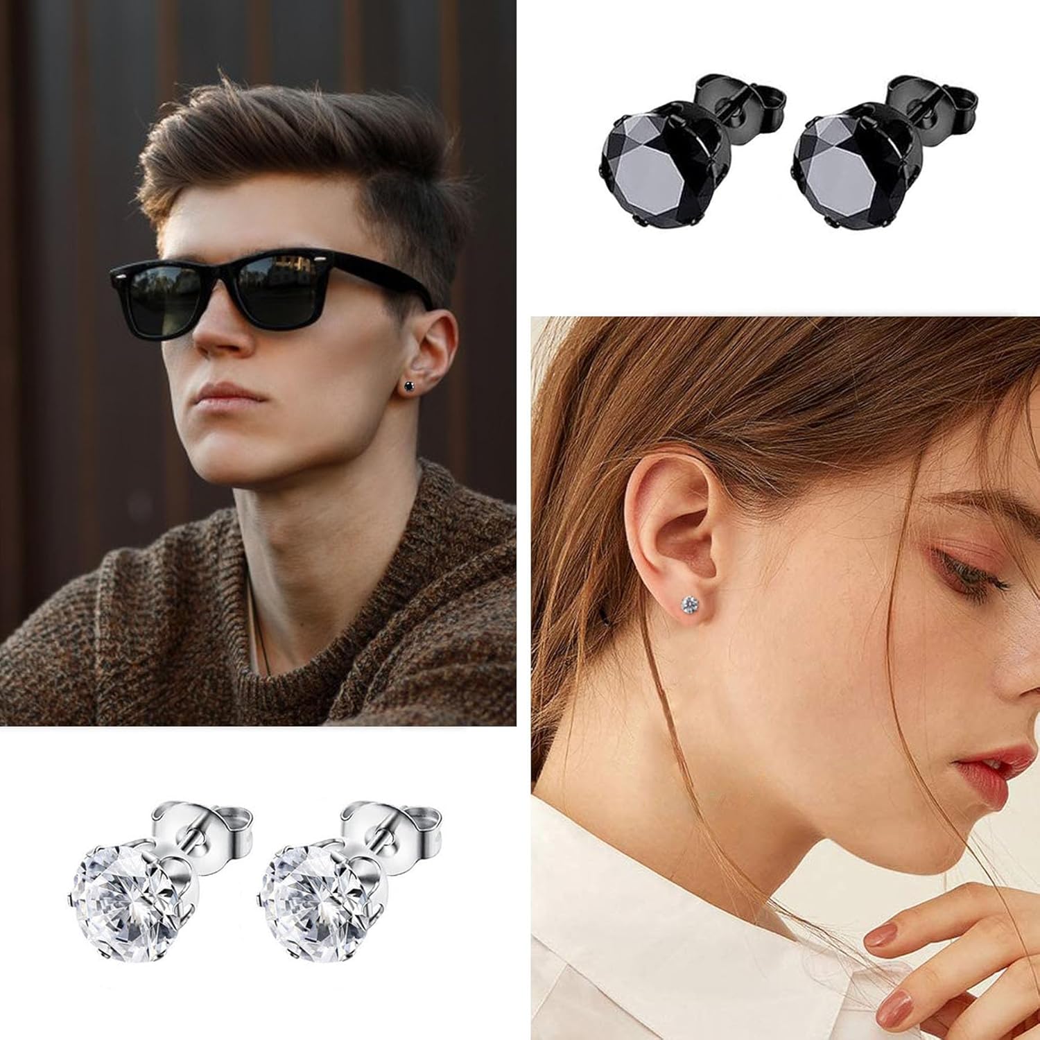 BVLAGIDA 15 Paires Boucle d'Oreille Homme, Boucle d'Oreille Acier Inoxydable, Noir Argent Or Clous d'Oreilles, Boucle d'Oreille Créole, Boucles d'Oreilles Zircon pour Homme Femme