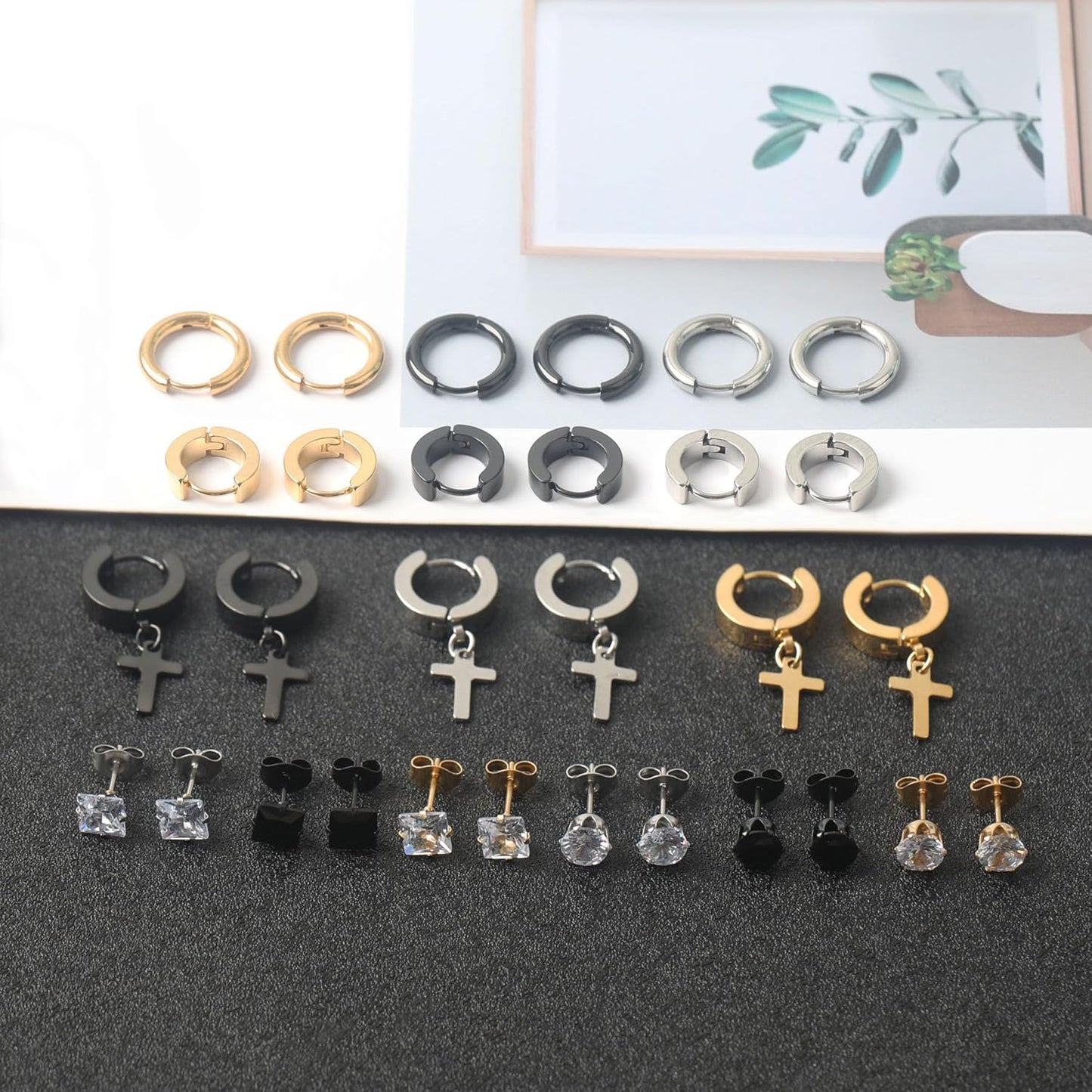 BVLAGIDA 15 Paires Boucle d'Oreille Homme, Boucle d'Oreille Acier Inoxydable, Noir Argent Or Clous d'Oreilles, Boucle d'Oreille Créole, Boucles d'Oreilles Zircon pour Homme Femme
