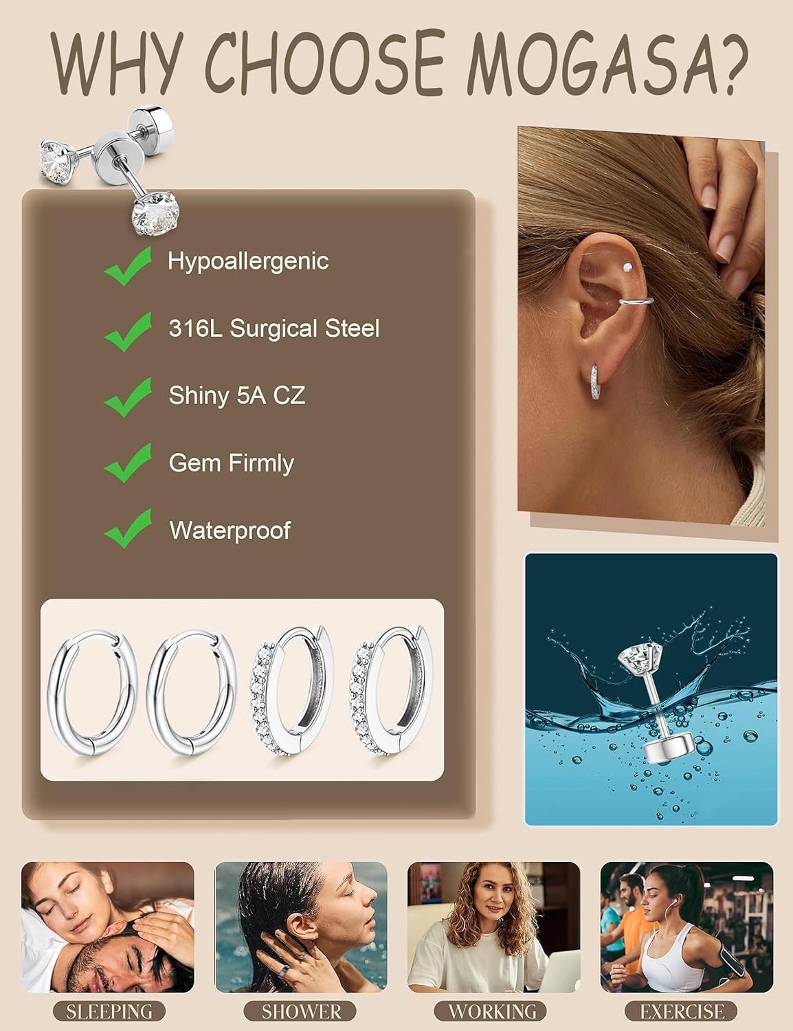 MOGASA 12 Paires Boucles d'Oreilles Femme Acier Inoxydable Ensemble Créoles Clous D'oreilles Hypoallergénique Piercing Oreille Helix Cartilage Boucle d Oreille Acier Inoxydable pour Femme Homme Bijoux