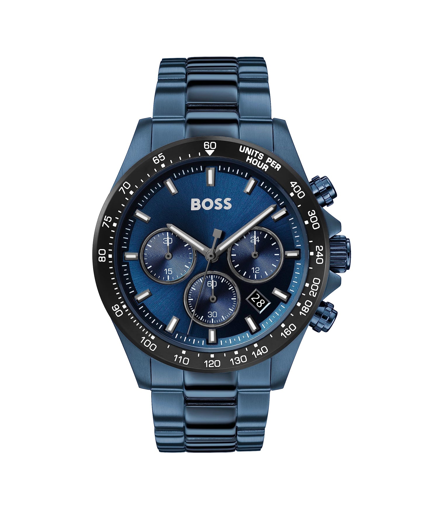 BOSS Montre Chronographe à Quartz pour Homme 43 mm Collection Hero avec Bracelet en Acier Inoxydable Maillons ou Maille, Fonction Date, 3 sous-Cadrans, Résistance à l'eau 5ATM